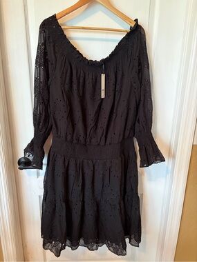 Chico's Black Eyelet Smocked-Waist Long-Sleeve Dress